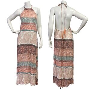 Coastal Beachy Neutral En Creme Women Medium Halter Neck Open Back Maxi Dress